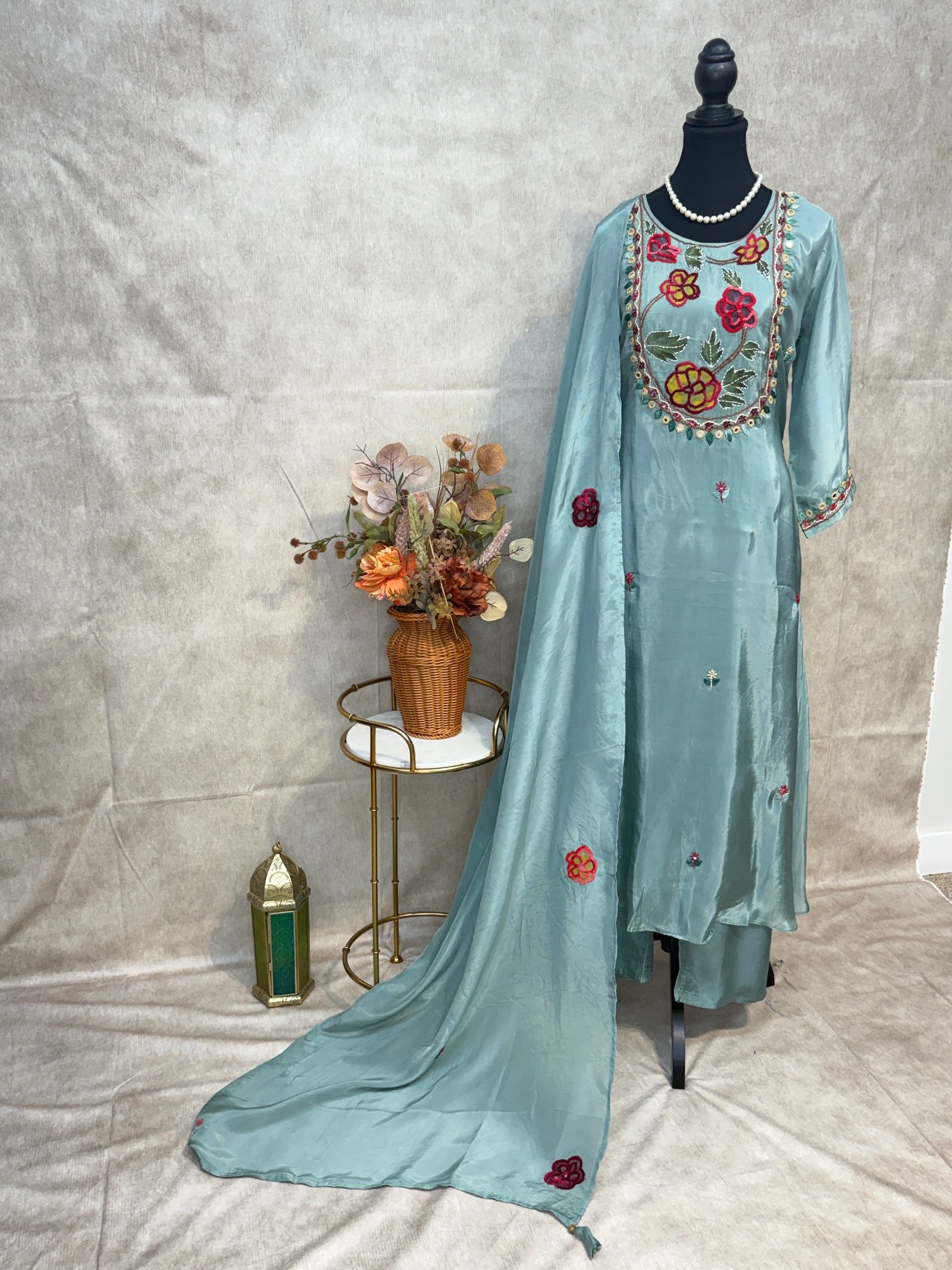 Powder blue Pure Crepe A-Line Suit with Hand Work